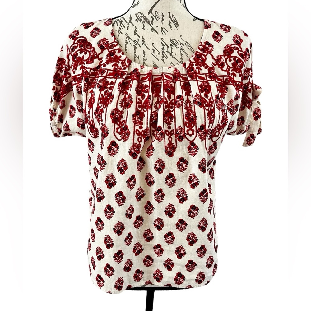 EUC A Loves A Linen Blend Embroidered Blouse size Small Short Tie Sleeve